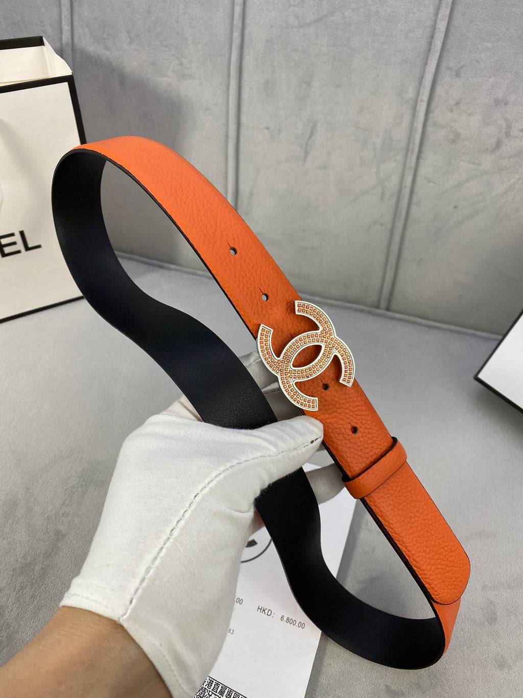 CC 26S BELT 30 MM IN ORANGE CALFSKIN STONE EMBELLISHED SILVER TONE 661125