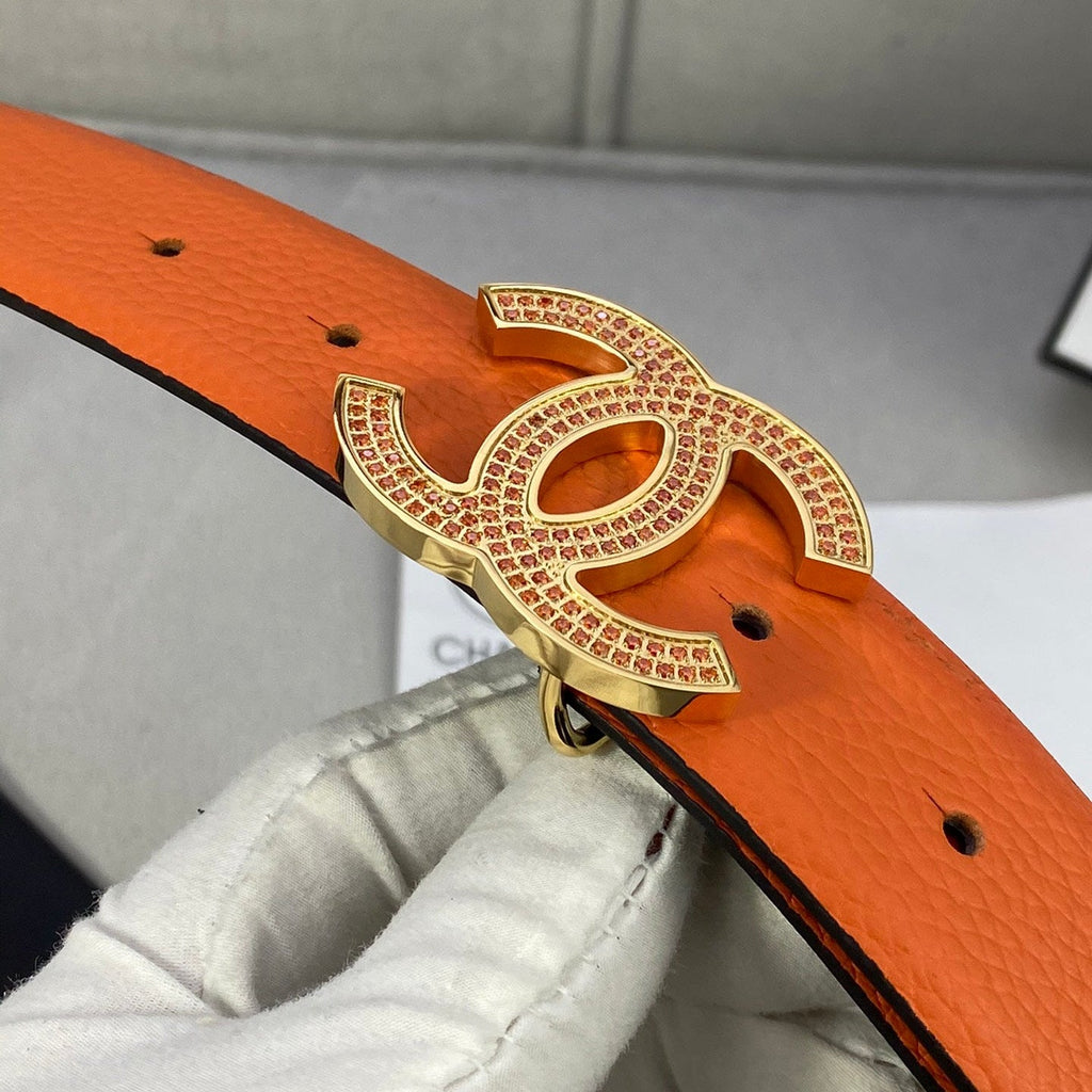 CC 26S BELT 30 MM IN ORANGE CALFSKIN STONE EMBELLISHED GOLD TONE 661125