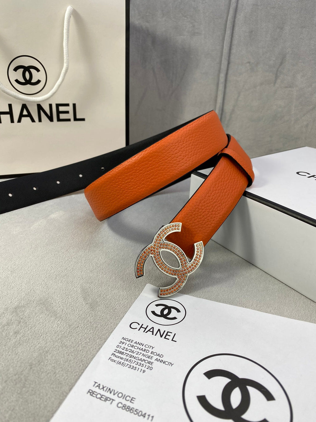 CC 26S BELT 30 MM IN ORANGE CALFSKIN STONE EMBELLISHED SILVER TONE 661125