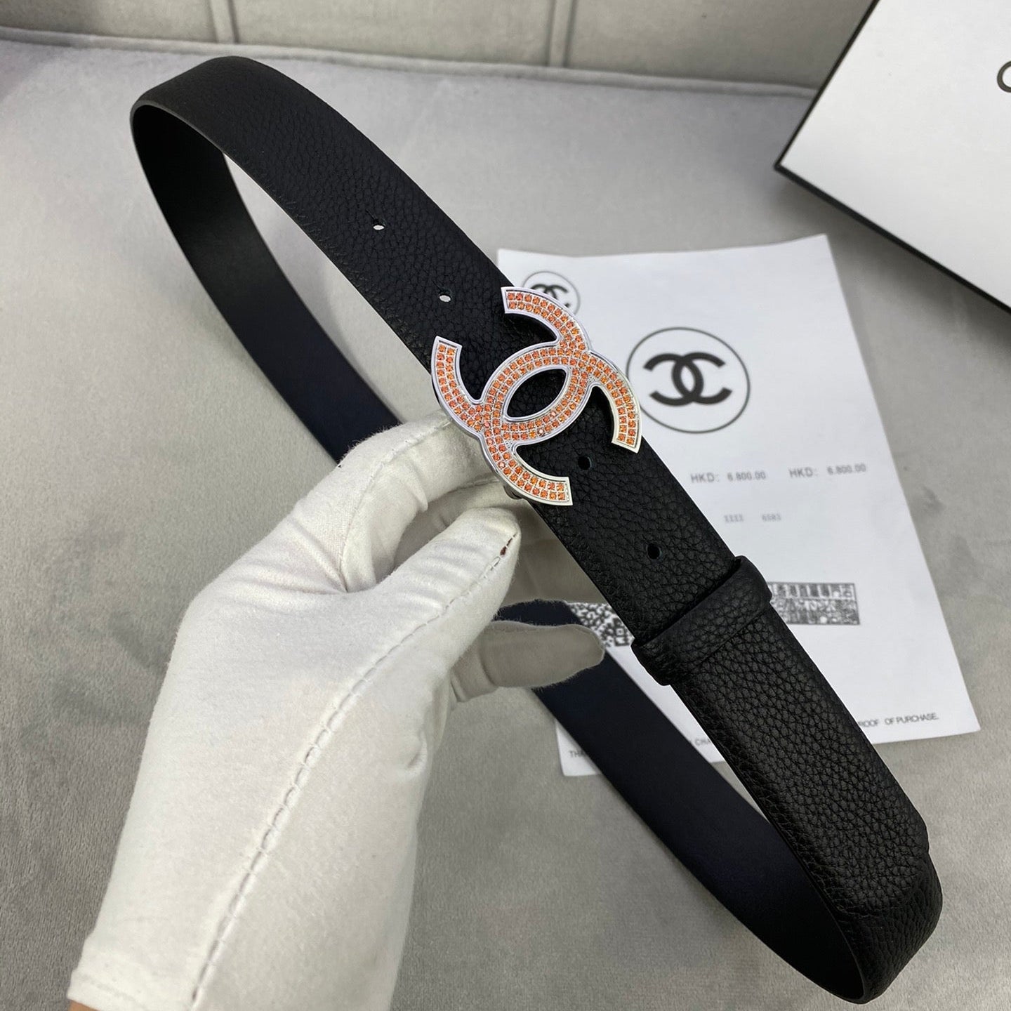 CC 26S BELT 30 MM IN BLACK CALFSKIN STONE EMBELLISHED SILVER TONE 661126