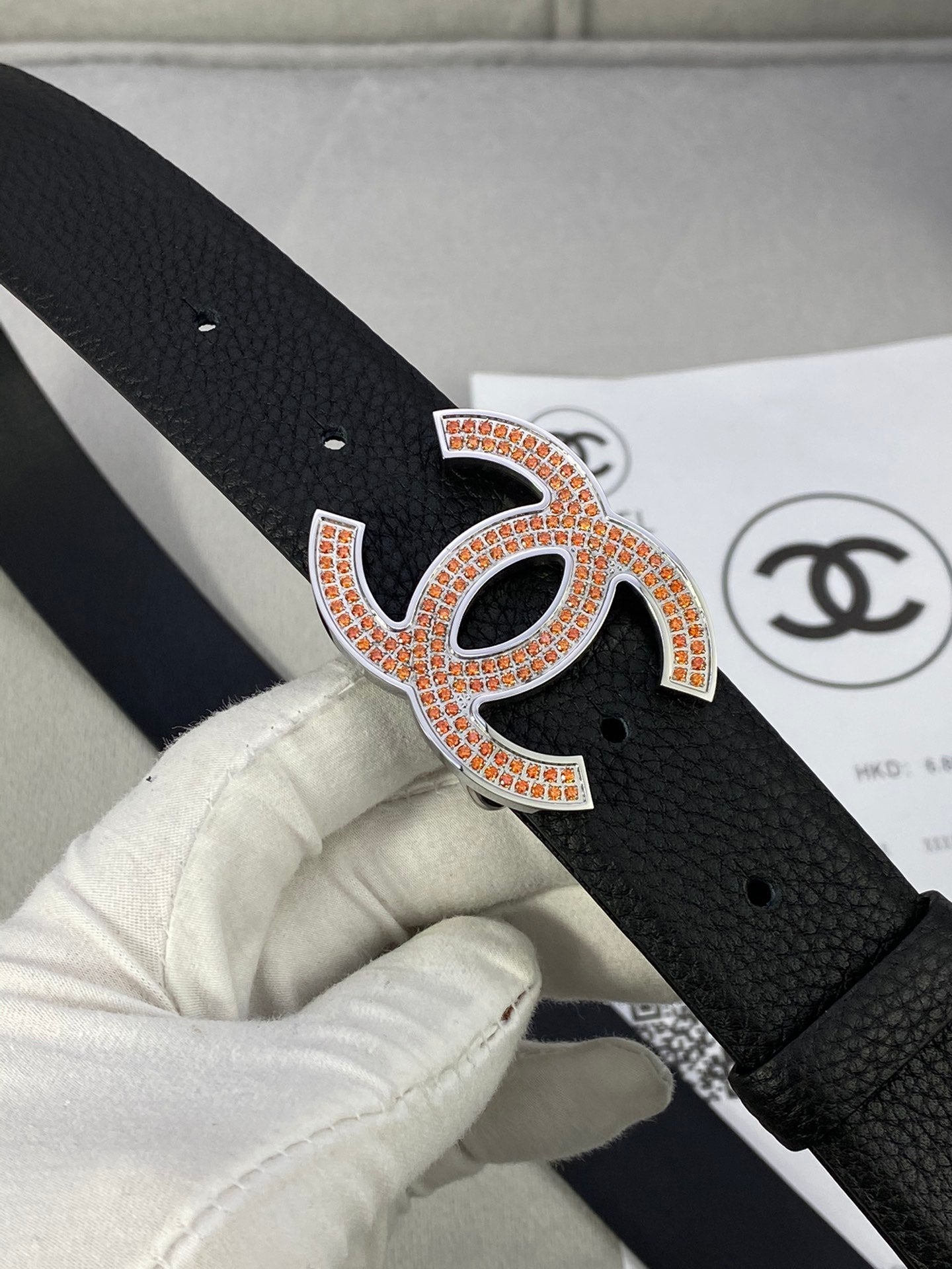 CC 26S BELT 30 MM IN BLACK CALFSKIN STONE EMBELLISHED SILVER TONE 661126