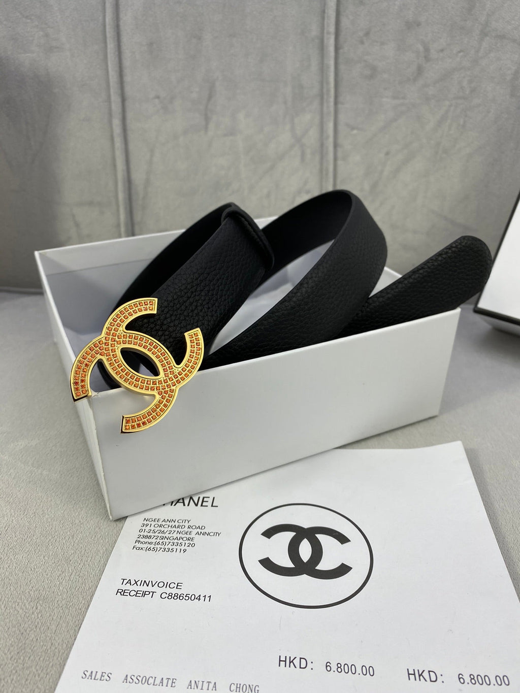 CC 26S BELT 30 MM IN BLACK CALFSKIN STONE EMBELLISHED GOLD TONE 661126
