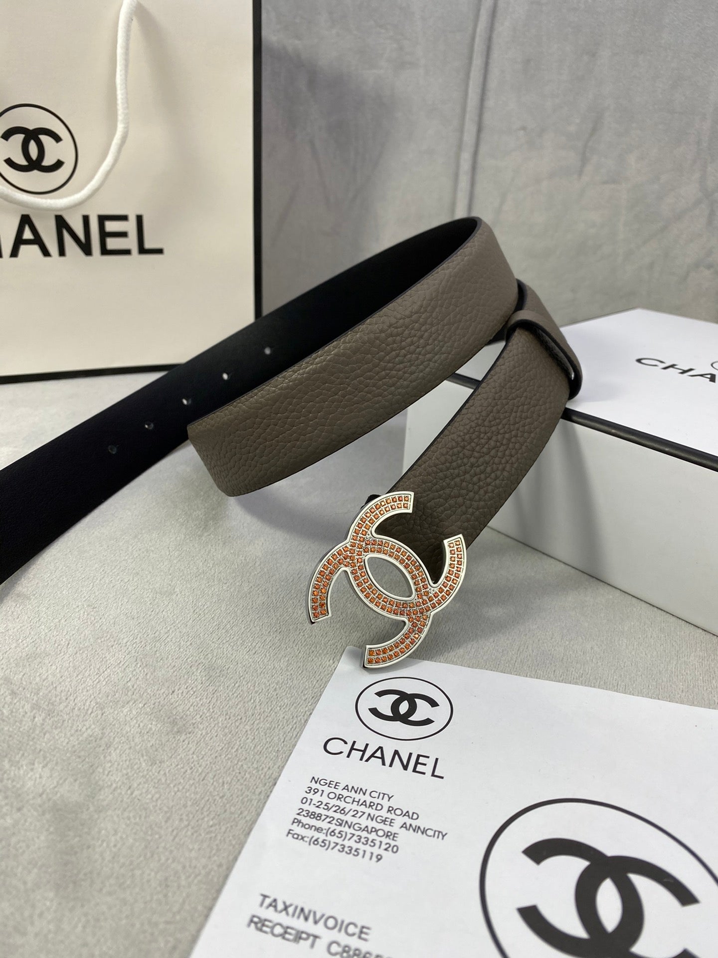 CC 26S BELT 30 MM IN TAUPE CALFSKIN STONE EMBELLISHED SILVER-TONE 661127