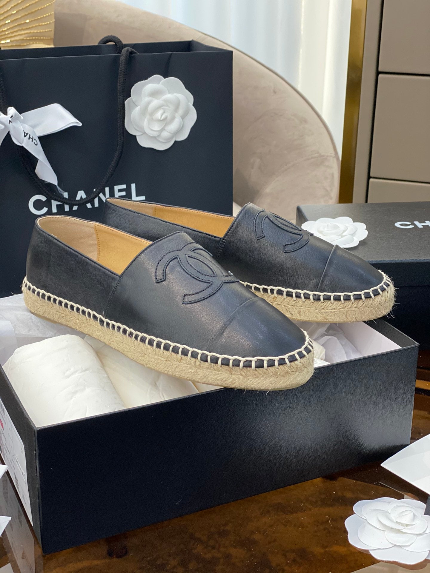 CC ESPADRILLES PLATFORM IN ALL BLACK CALFSKIN