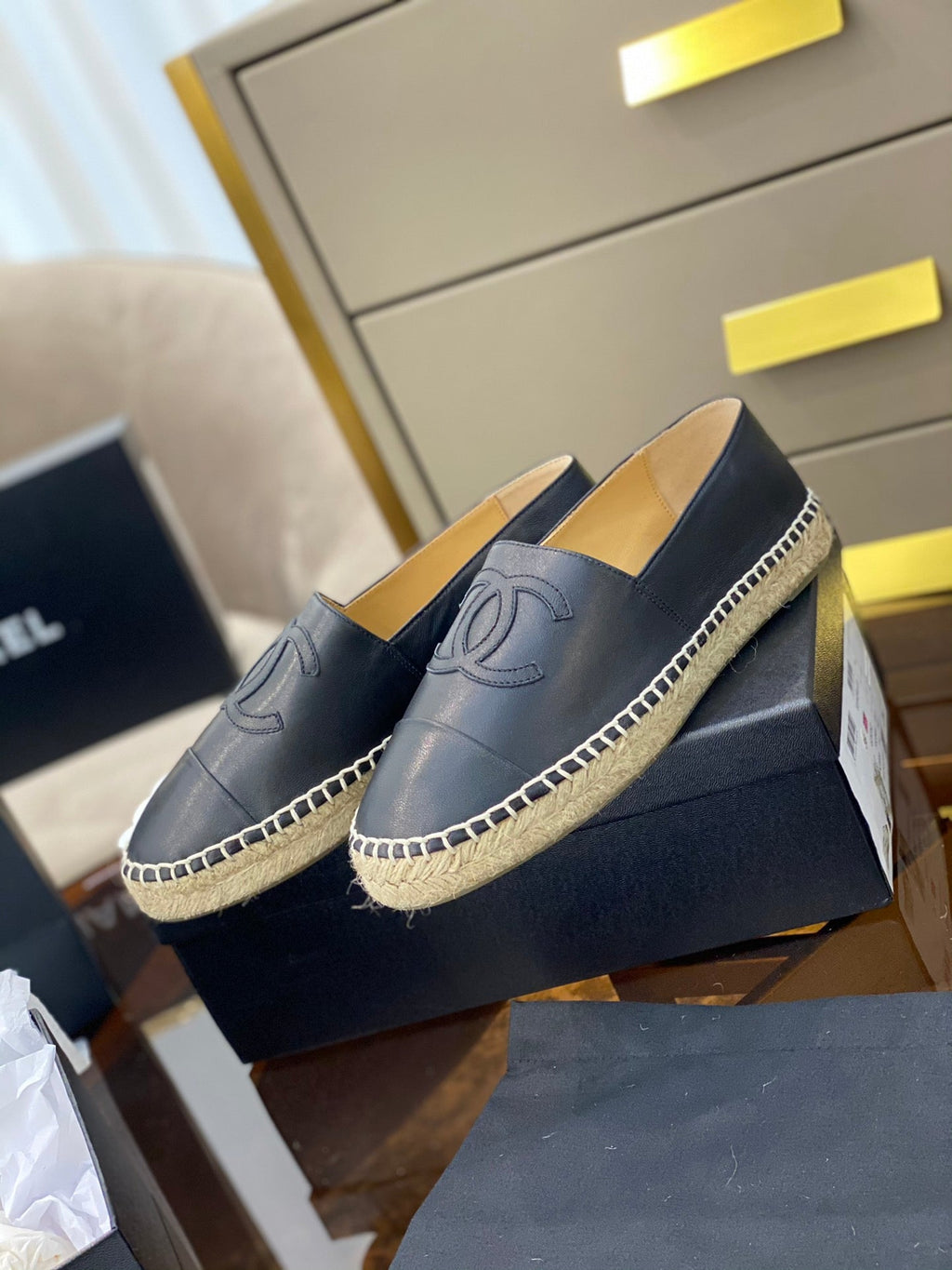 CC ESPADRILLES PLATFORM IN ALL BLACK CALFSKIN