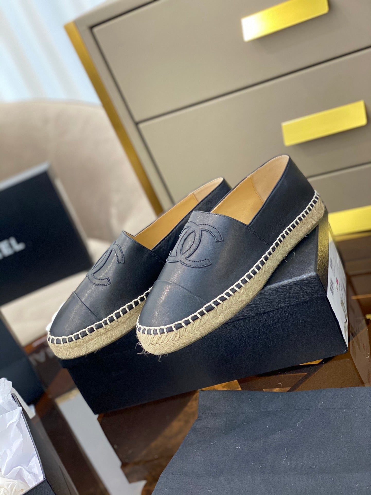 CC ESPADRILLES PLATFORM IN ALL BLACK CALFSKIN