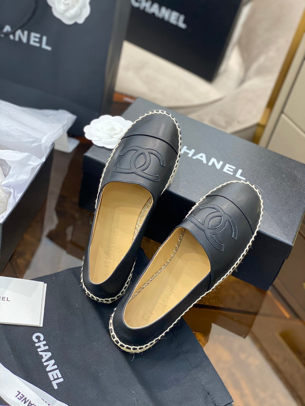 CC ESPADRILLES PLATFORM IN ALL BLACK CALFSKIN