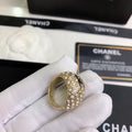 CHANEL 26S DOUBLE C LOGO FULL PAVE CRYSTAL DOME RING IN GOLD METAL 633217