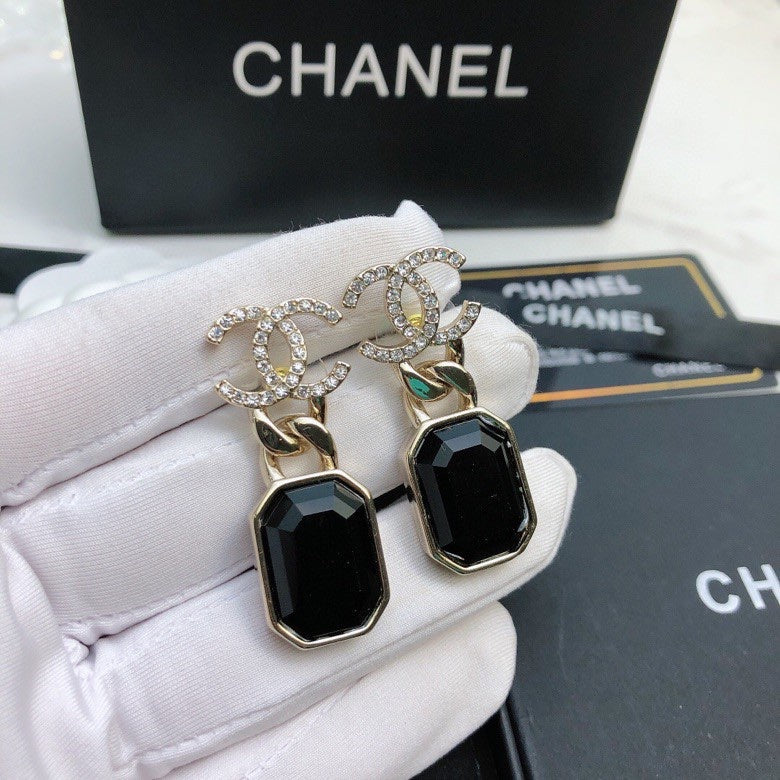 CHANEL 26S DOUBLE C LOGO CRYSTAL OCTAGON BLACK STONE DROP EARRINGS IN GOLD METAL 631087