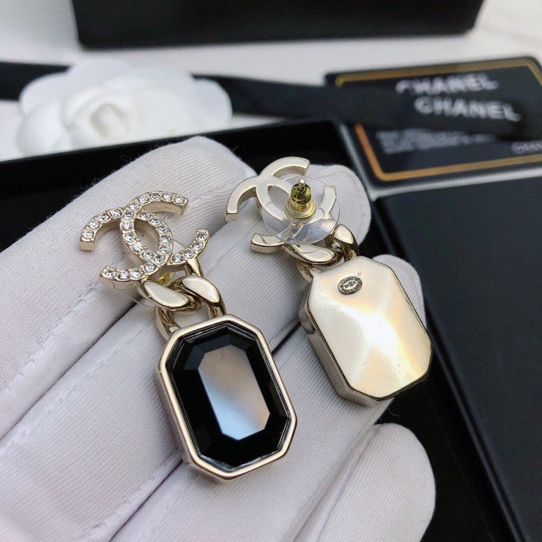 CHANEL 26S DOUBLE C LOGO CRYSTAL OCTAGON BLACK STONE DROP EARRINGS IN GOLD METAL 631087