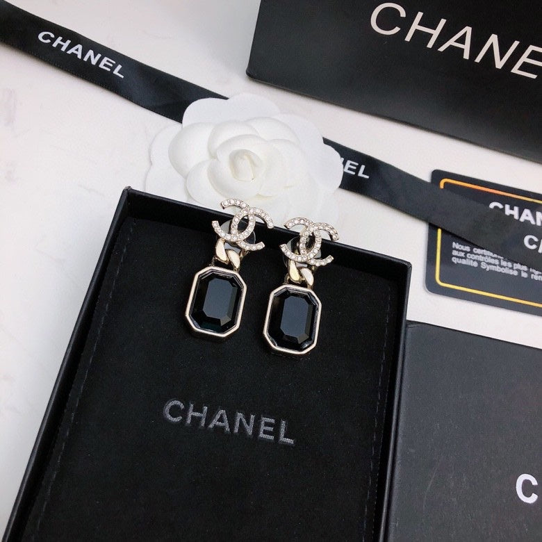 CHANEL 26S DOUBLE C LOGO CRYSTAL OCTAGON BLACK STONE DROP EARRINGS IN GOLD METAL 631087