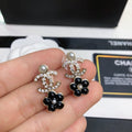 CHANEL 26S DOUBLE C LOGO CRYSTAL & BLACK FLOWER DROP EARRINGS IN GOLD METAL 633331