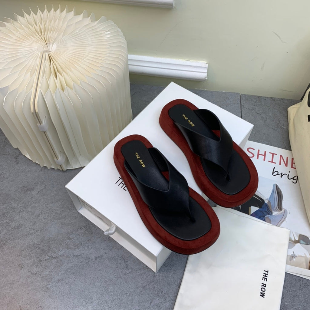 THE ROW 26S GINZA THONG SANDALS IN BLACK CALFSKIN AND BURGUNDY RED SUEDE