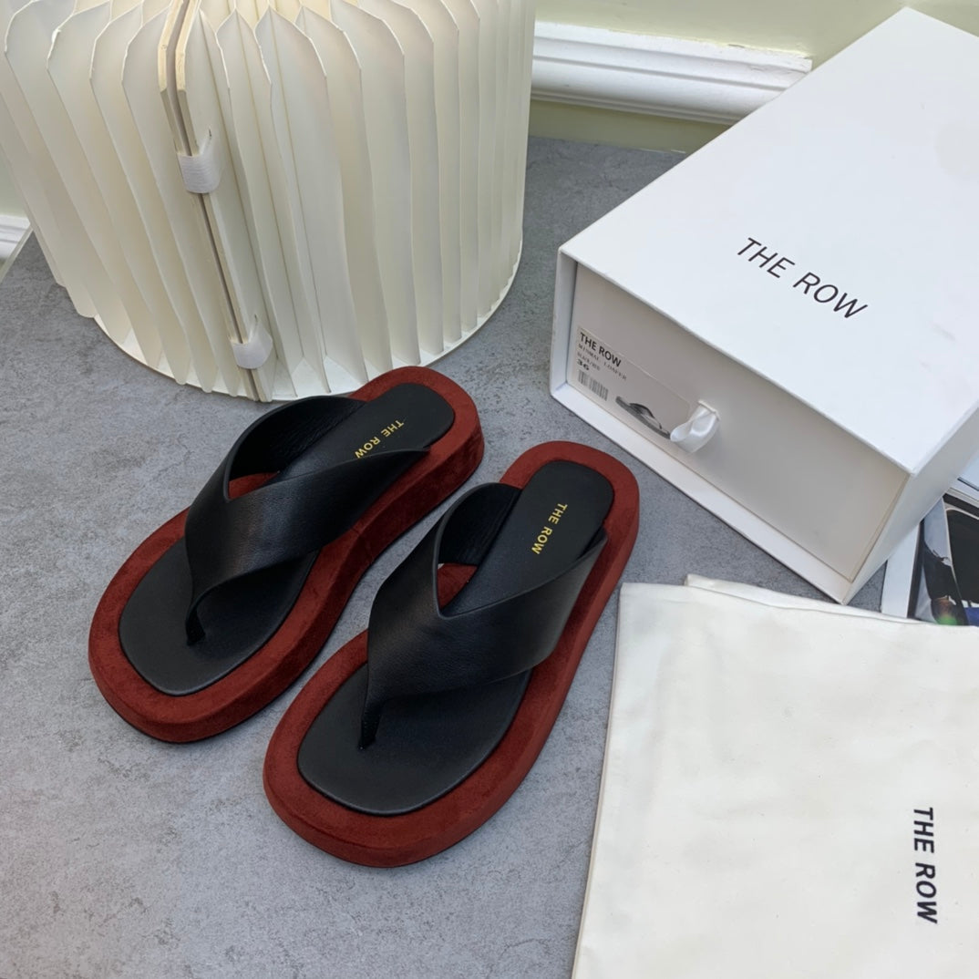 THE ROW 26S GINZA THONG SANDALS IN BLACK CALFSKIN AND BURGUNDY RED SUEDE