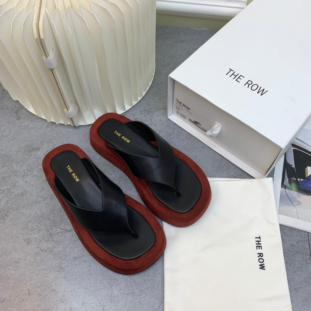 THE ROW 26S GINZA THONG SANDALS IN BLACK CALFSKIN AND BURGUNDY RED SUEDE