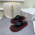 THE ROW 26S GINZA THONG SANDALS IN BLACK CALFSKIN AND BURGUNDY RED SUEDE