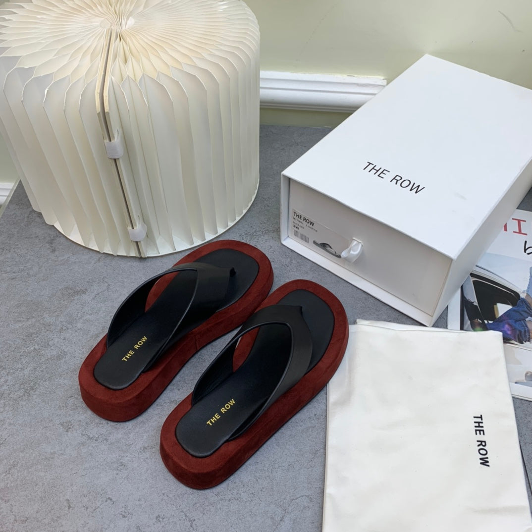 THE ROW 26S GINZA THONG SANDALS IN BLACK CALFSKIN AND BURGUNDY RED SUEDE