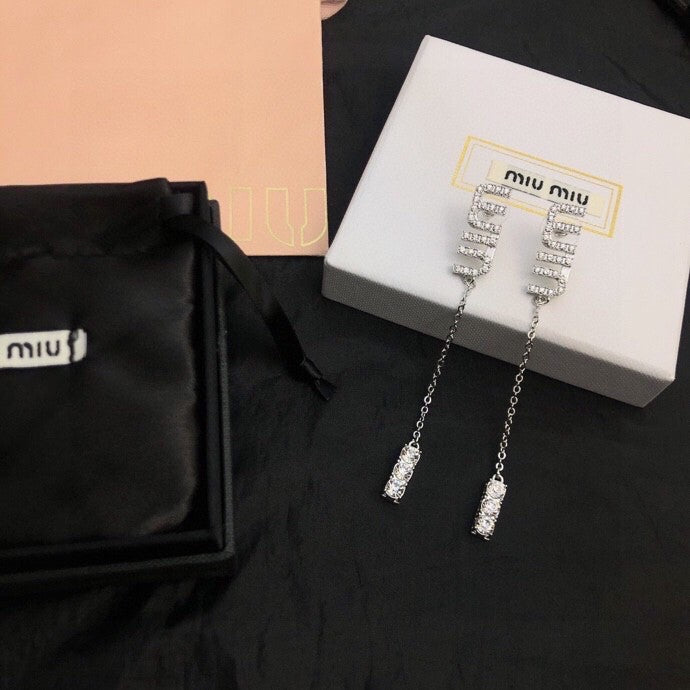 MIUMIU 26S CRYSTAL LOGO CHAIN DROP EARRINGS IN SILVER TONE METAL 620413