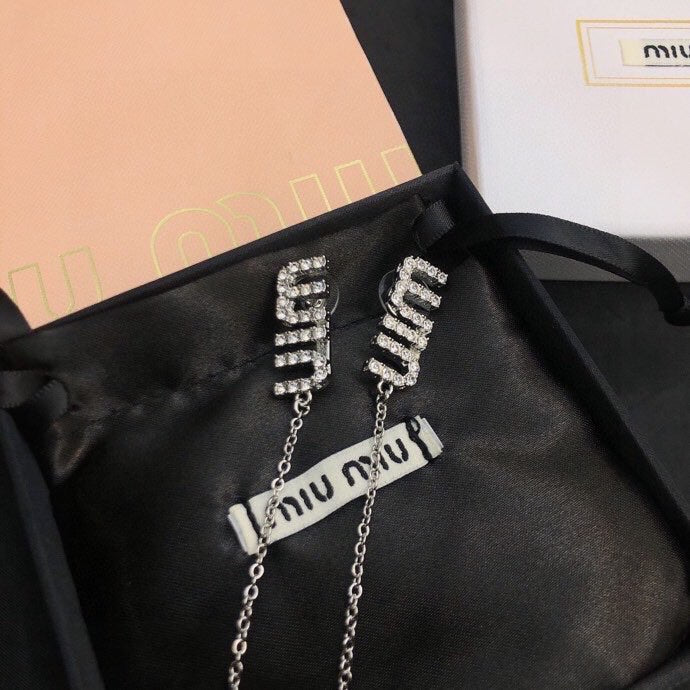 MIUMIU 26S CRYSTAL LOGO CHAIN DROP EARRINGS IN SILVER TONE METAL 620413