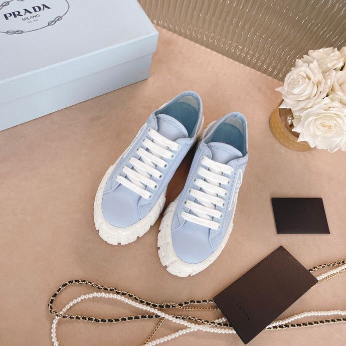 PRADA 26S WEDGE SNEAKERS 50MM IN LIGHT BLUE NYLON FABRIC
