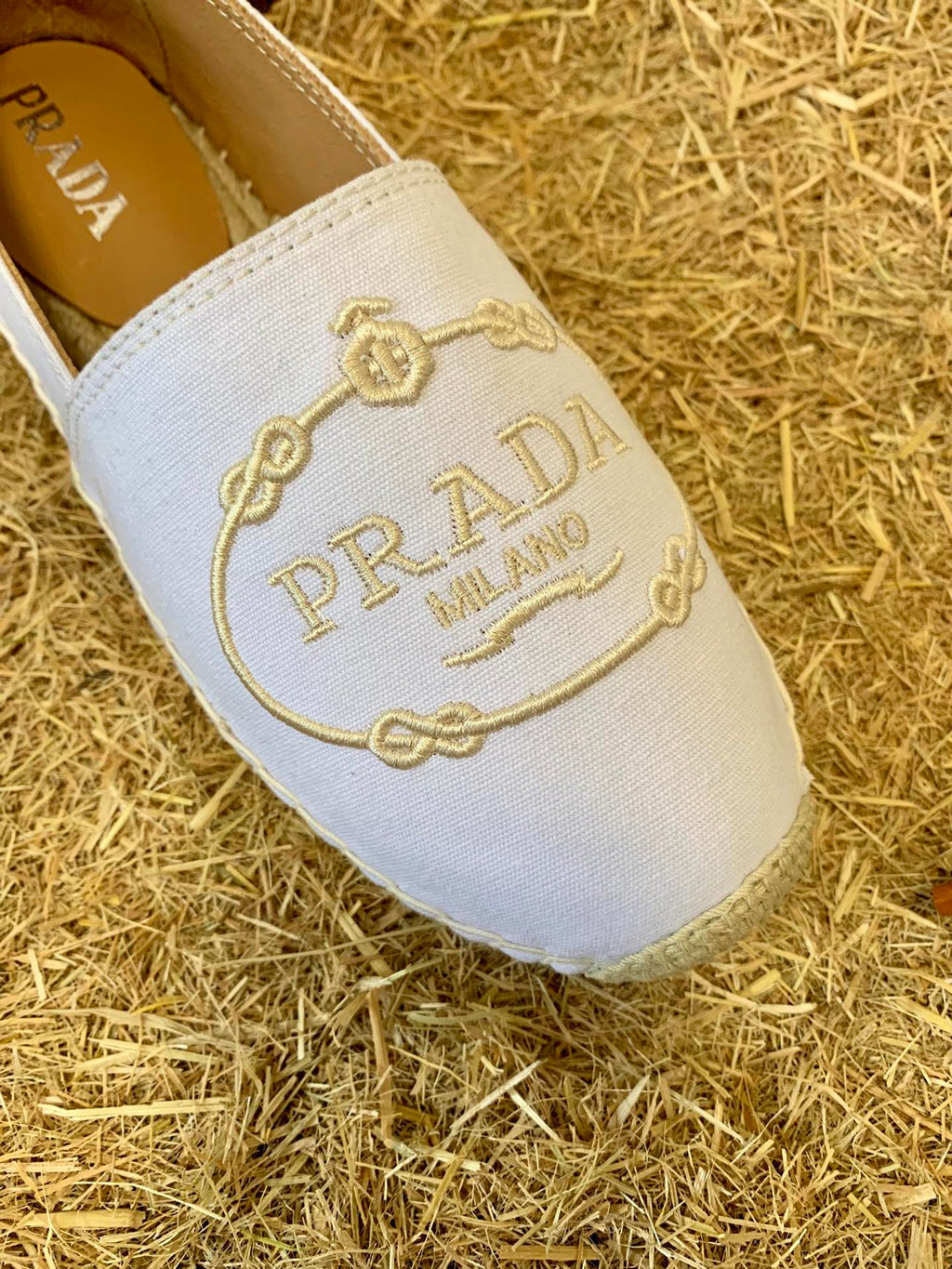 PRADA 26S ESPADRILLE FLATS IN WHITE CANVAS EMBROIDERED LOGO