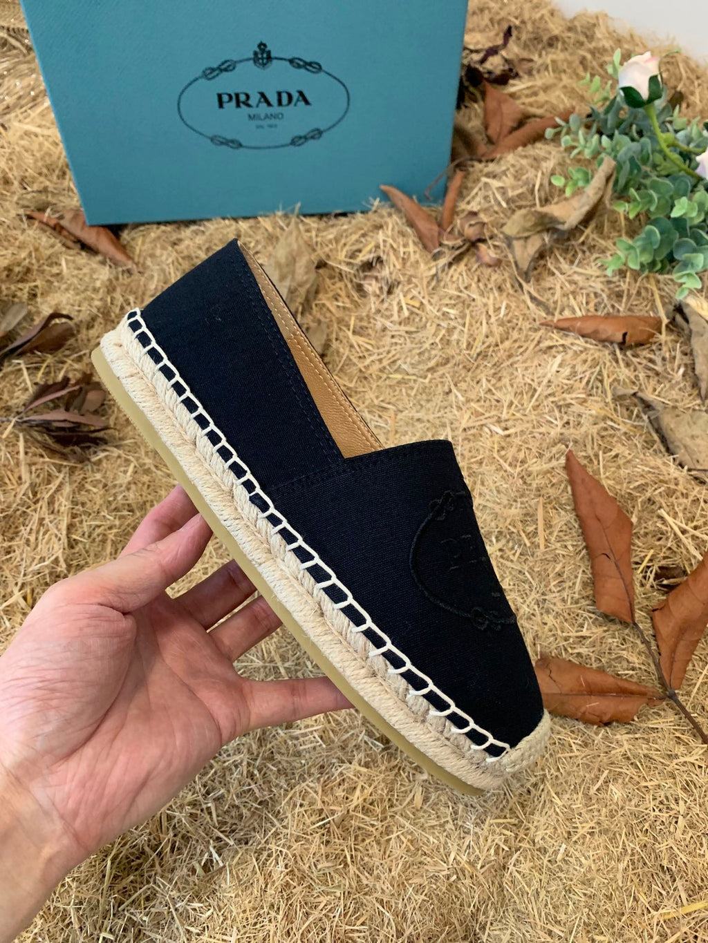 PRADA 26S ESPADRILLE FLATS IN BLACK CANVAS EMBROIDERED LOGO