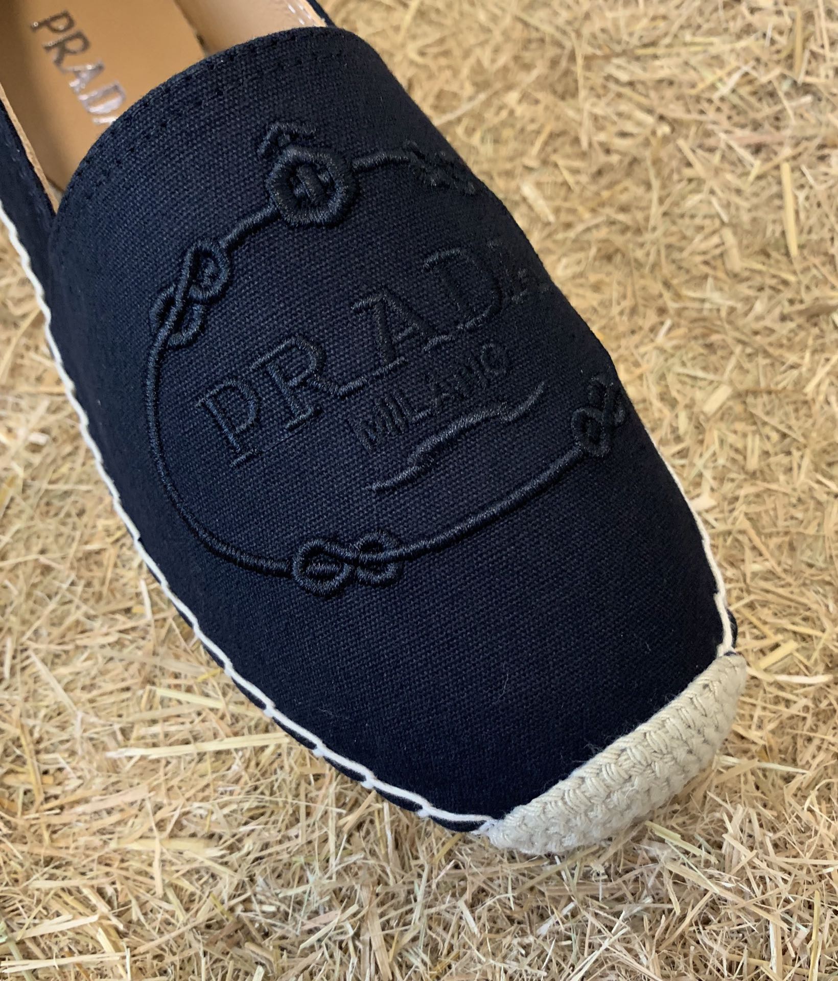 PRADA 26S ESPADRILLE FLATS IN BLACK CANVAS EMBROIDERED LOGO