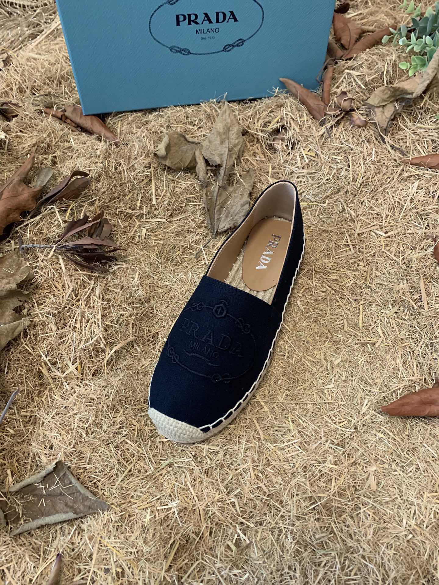 PRADA 26S ESPADRILLE FLATS IN BLACK CANVAS EMBROIDERED LOGO