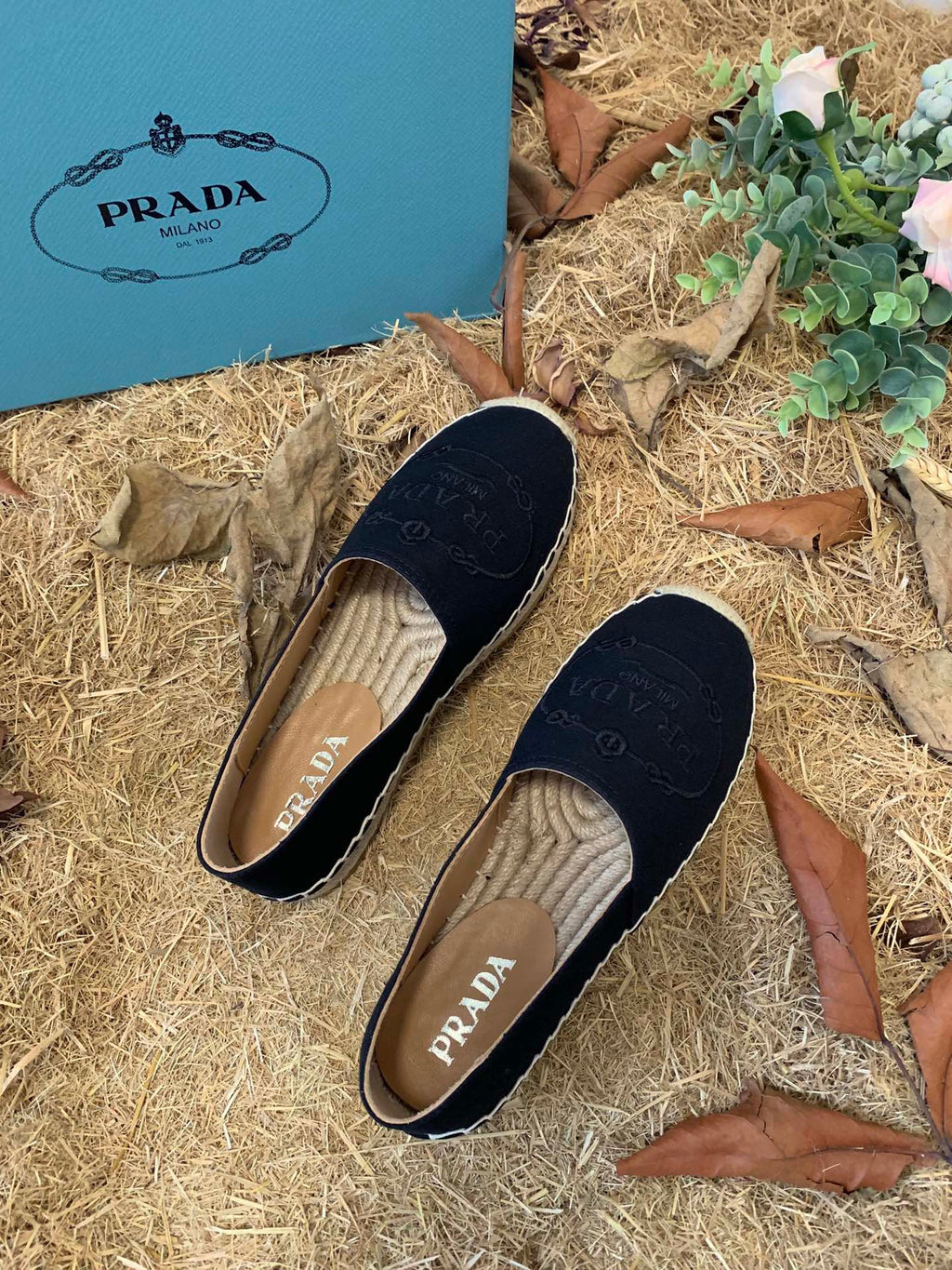 PRADA 26S ESPADRILLE FLATS IN BLACK CANVAS EMBROIDERED LOGO