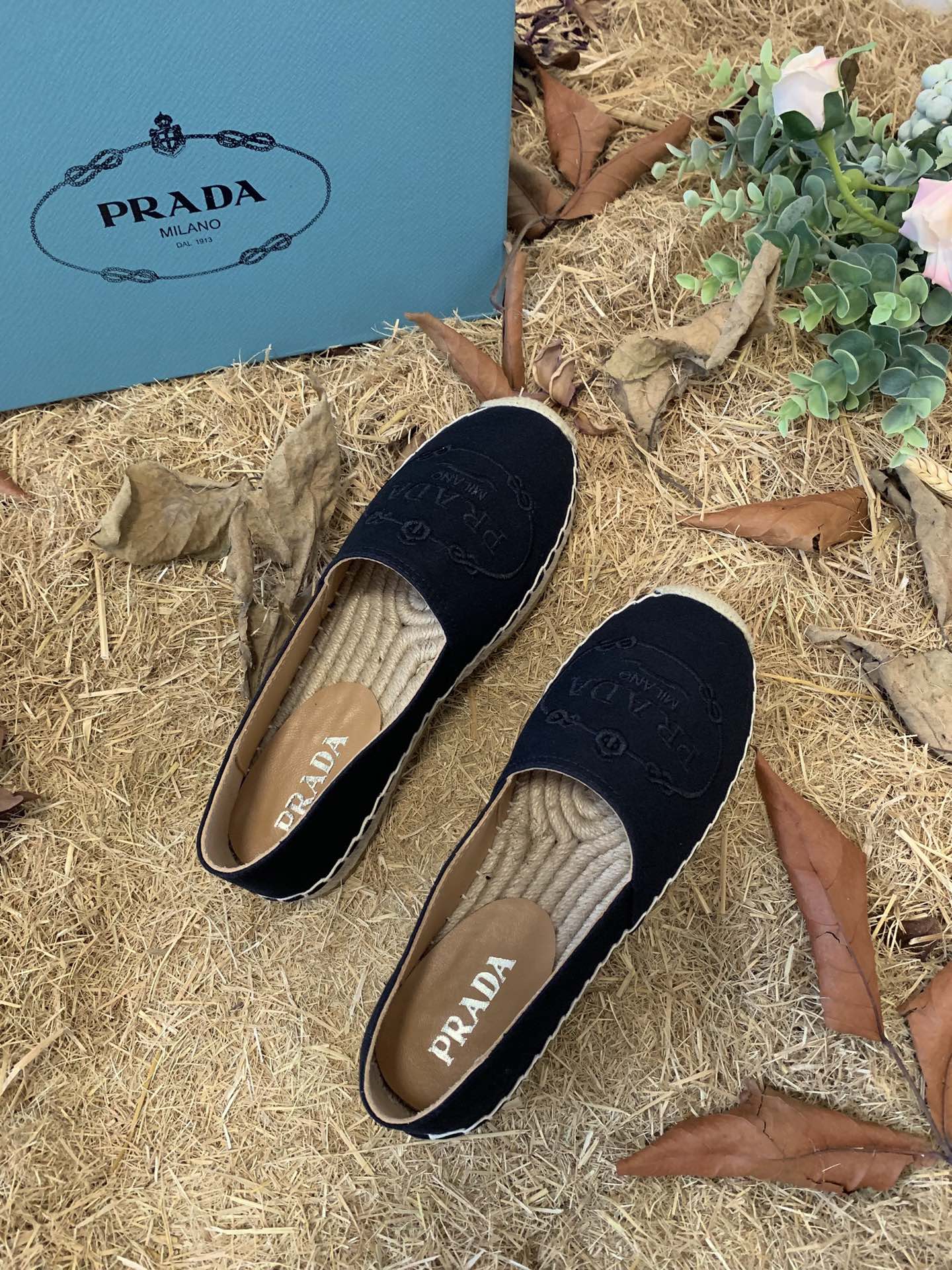 PRADA 26S ESPADRILLE FLATS IN BLACK CANVAS EMBROIDERED LOGO