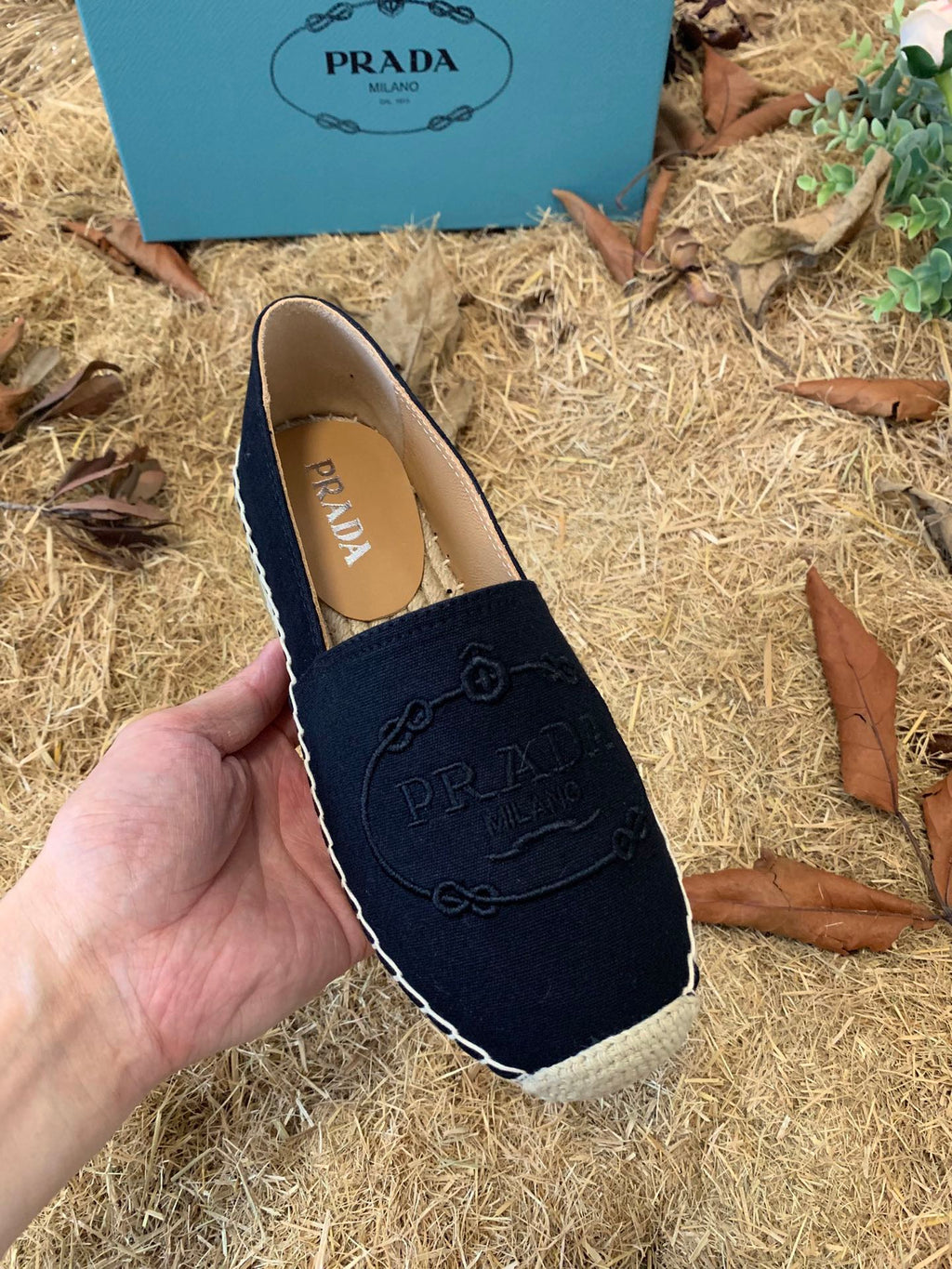 PRADA 26S ESPADRILLE FLATS IN BLACK CANVAS EMBROIDERED LOGO