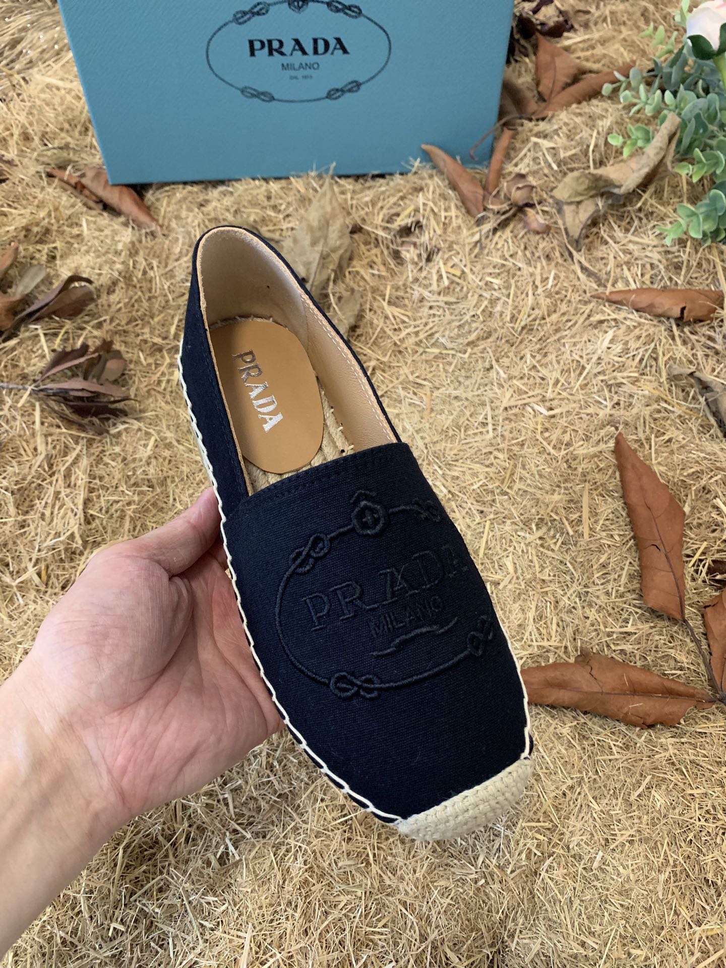 PRADA 26S ESPADRILLE FLATS IN BLACK CANVAS EMBROIDERED LOGO