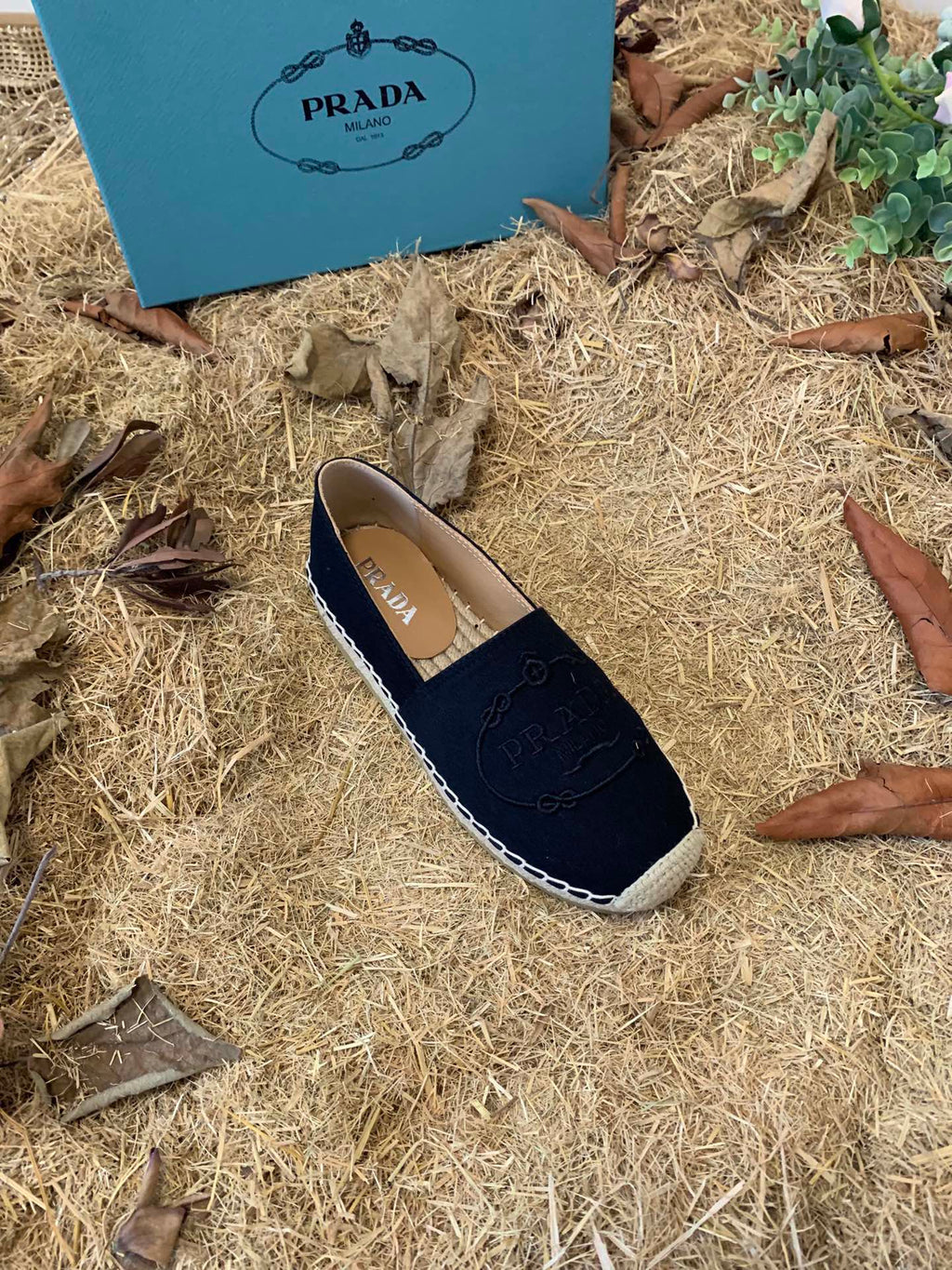 PRADA 26S ESPADRILLE FLATS IN BLACK CANVAS EMBROIDERED LOGO