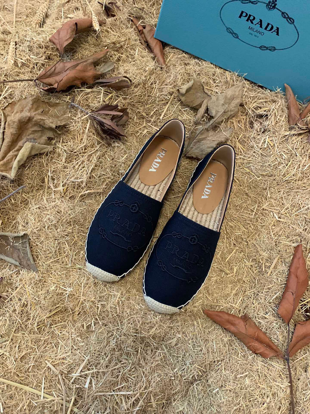 PRADA 26S ESPADRILLE FLATS IN BLACK CANVAS EMBROIDERED LOGO