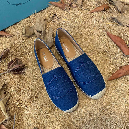 PRADA 26S ESPADRILLE FLATS IN BLUE DENIM EMBROIDERED LOGO
