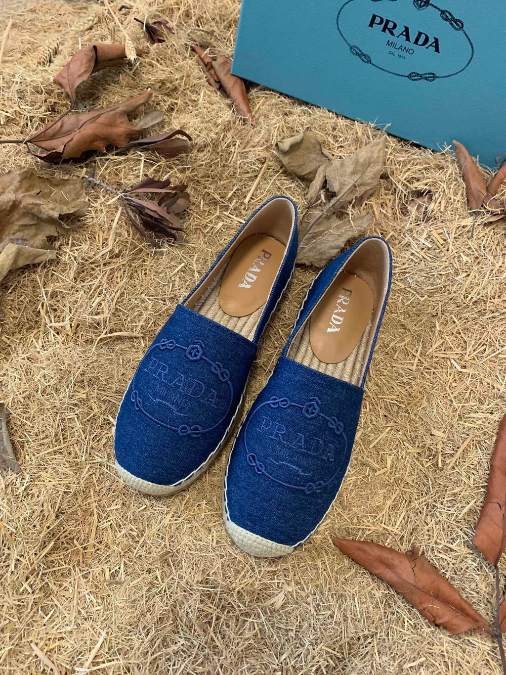 PRADA 26S ESPADRILLE FLATS IN BLUE DENIM EMBROIDERED LOGO