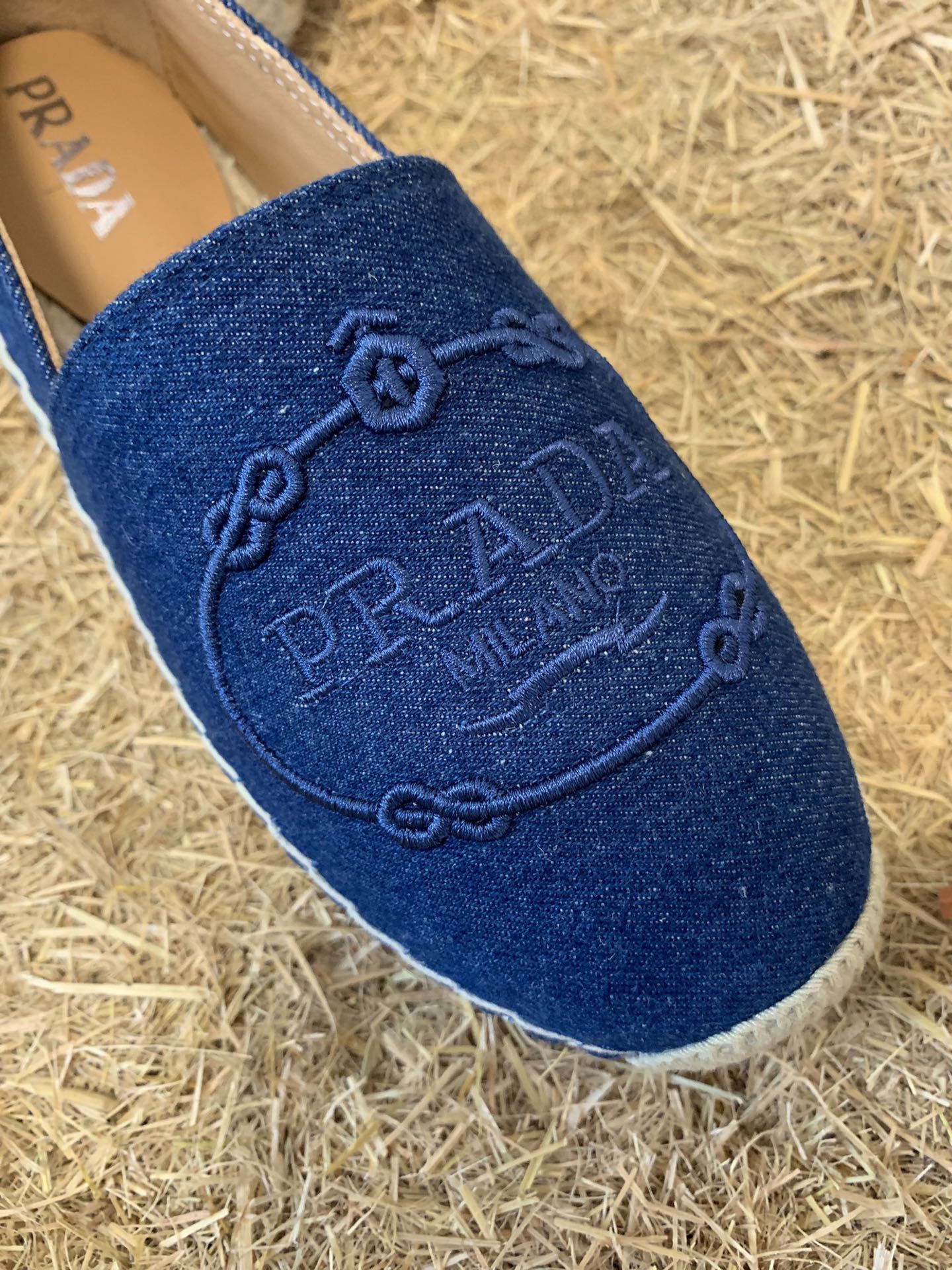 PRADA 26S ESPADRILLE FLATS IN BLUE DENIM EMBROIDERED LOGO