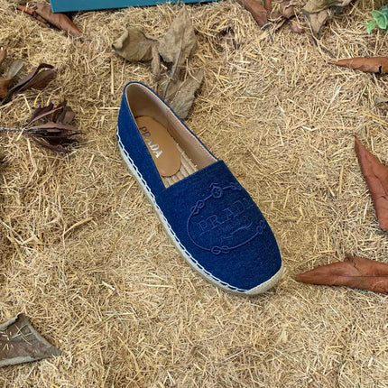 PRADA 26S ESPADRILLE FLATS IN BLUE DENIM EMBROIDERED LOGO