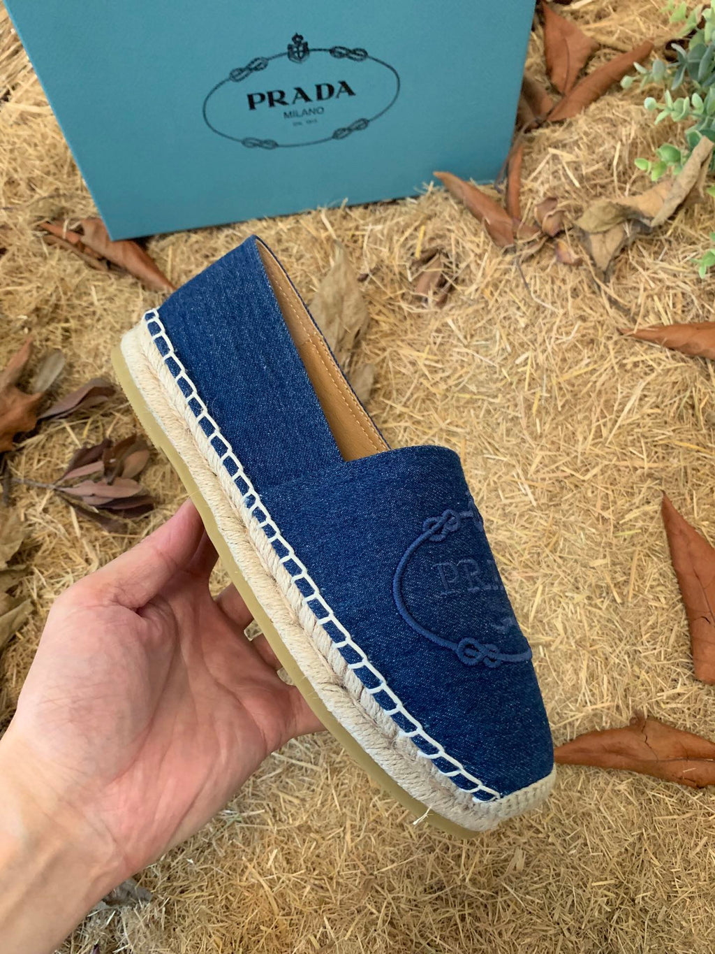 PRADA 26S ESPADRILLE FLATS IN BLUE DENIM EMBROIDERED LOGO