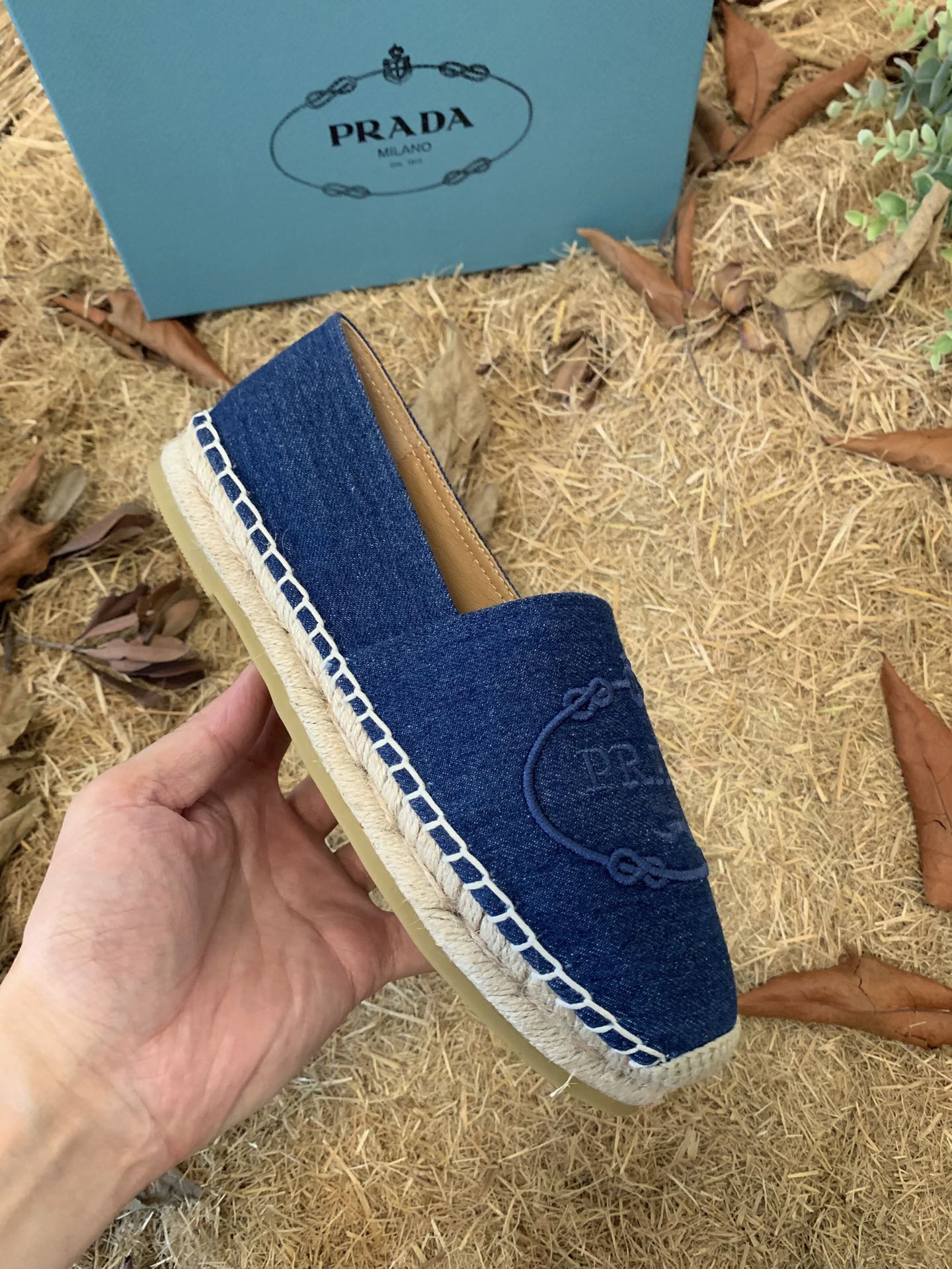 PRADA 26S ESPADRILLE FLATS IN BLUE DENIM EMBROIDERED LOGO