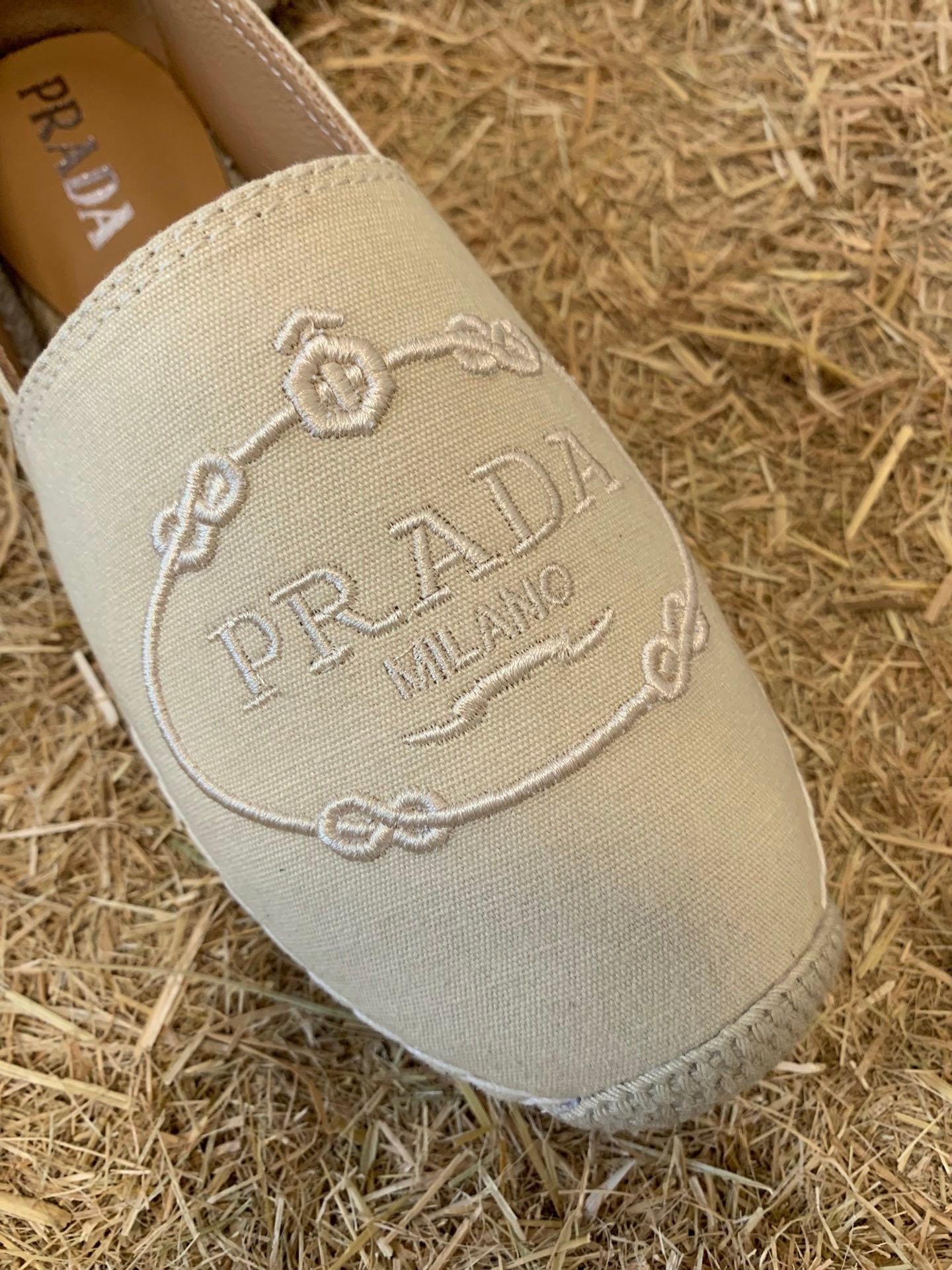 PRADA 26S ESPADRILLE FLATS IN LIGHT BEIGE CANVAS EMBROIDERED LOGO