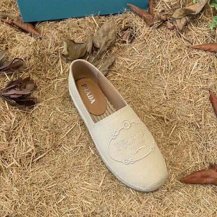 PRADA 26S ESPADRILLE FLATS IN LIGHT BEIGE CANVAS EMBROIDERED LOGO