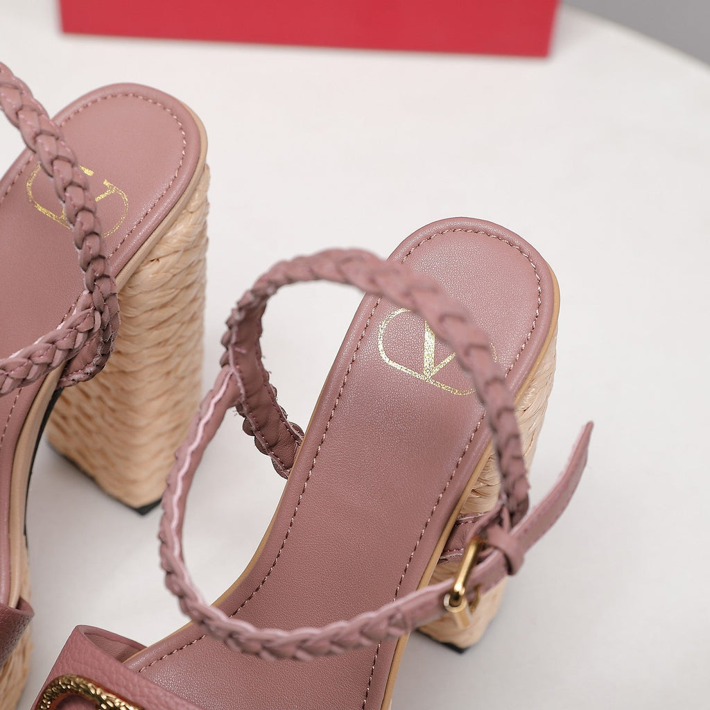 VLTN ESPADRILLE WEDGE SANDALS 25S 130 MM IN MUTED CLAY PINK LAMBSKIN WITH GOLD HARDWARE