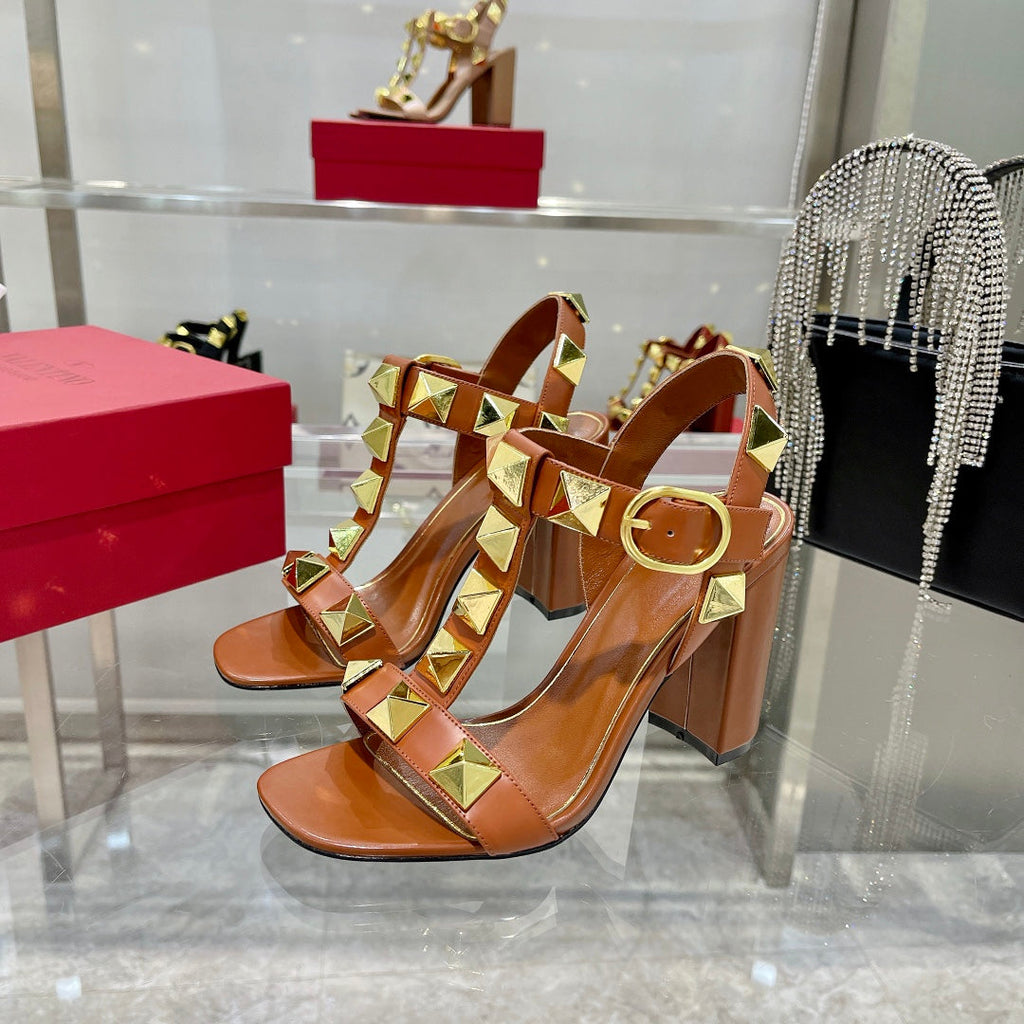 VALENTINO GARAVANI ROCKSTUD 95MM SANDALS IN BROWN CALFSKIN