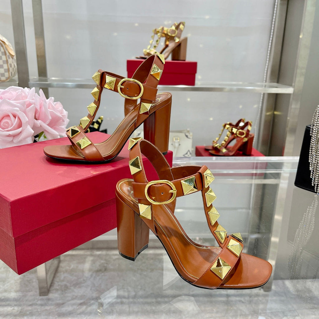 VALENTINO GARAVANI ROCKSTUD 95MM SANDALS IN BROWN CALFSKIN