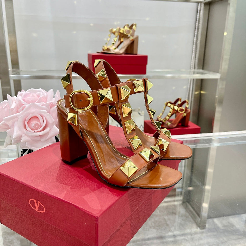 VALENTINO GARAVANI ROCKSTUD 95MM SANDALS IN BROWN CALFSKIN