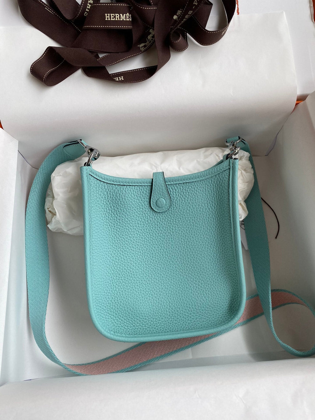 HM 25S EVELYNE 17 CM IN PASTEL BLUE COWHIDE AND CANVAS WITH SILVER HARDWARE