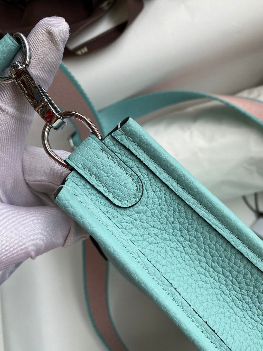 HM 25S EVELYNE 17 CM IN PASTEL BLUE COWHIDE AND CANVAS WITH SILVER HARDWARE