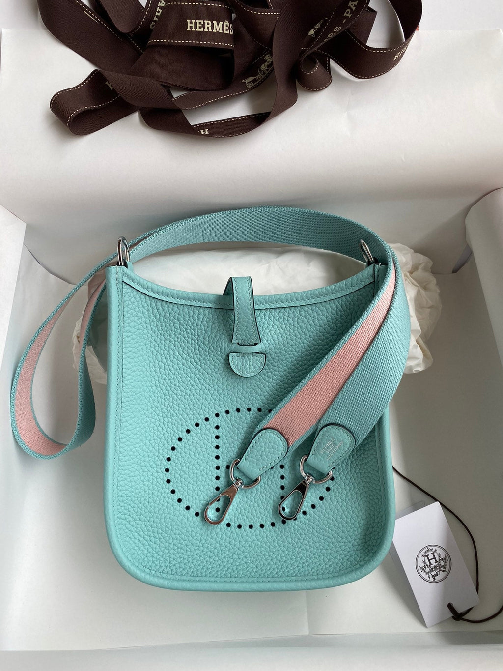 HM 25S EVELYNE 17 CM IN PASTEL BLUE COWHIDE AND CANVAS WITH SILVER HARDWARE