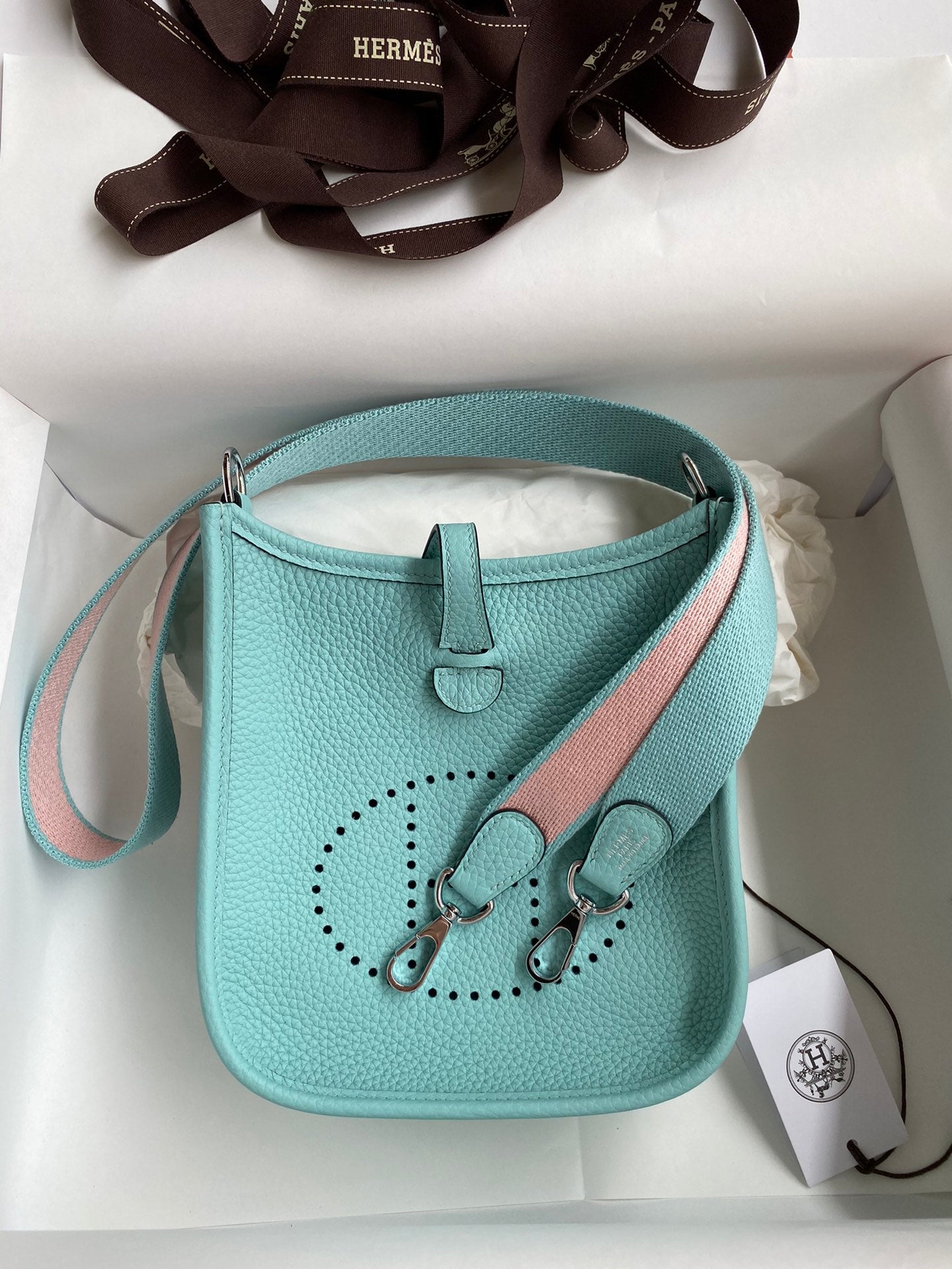 HM 25S EVELYNE 17 CM IN PASTEL BLUE COWHIDE AND CANVAS WITH SILVER HARDWARE